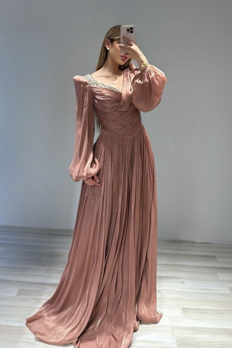 Fancy Dusty Rose Chiffon Evenings Dresses With Beadings