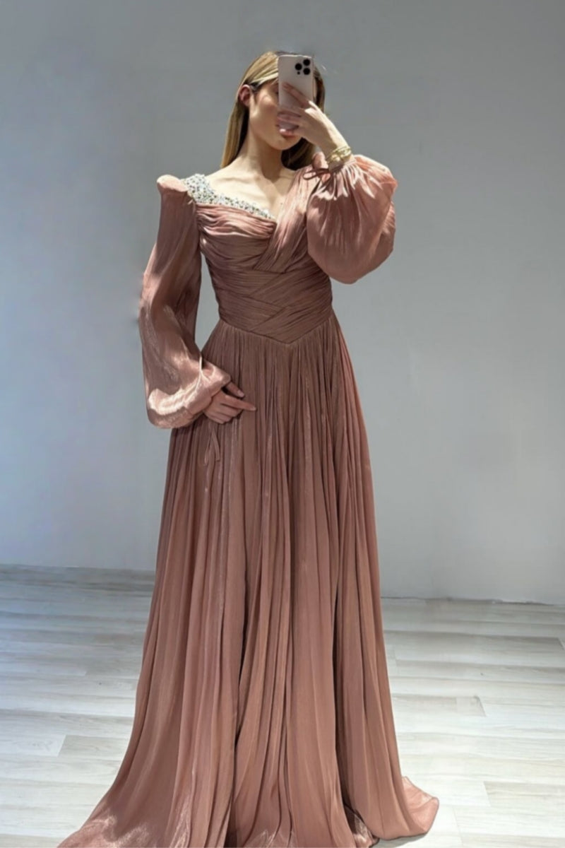 Fancy Dusty Rose Chiffon Evenings Dresses With Beadings