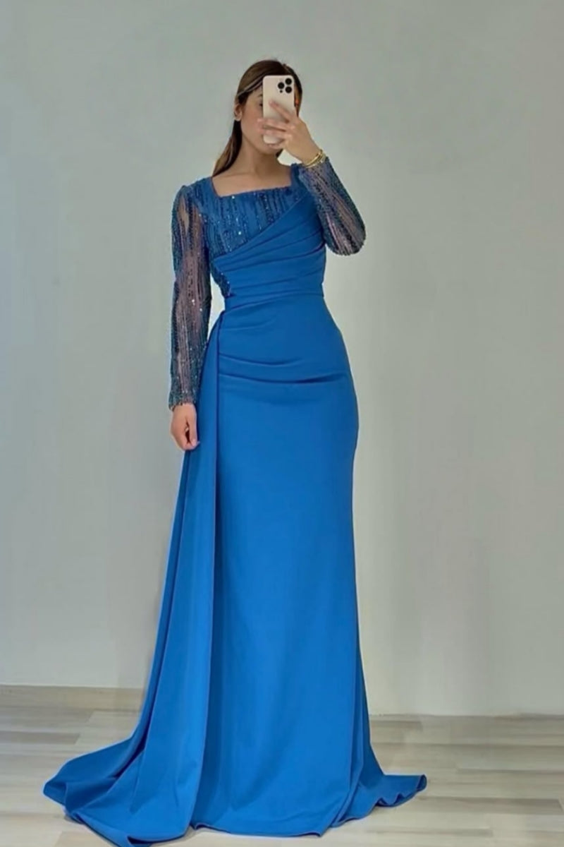 Handsome Royal Blue Tulle Sequins Evenings Dresses With Beadings