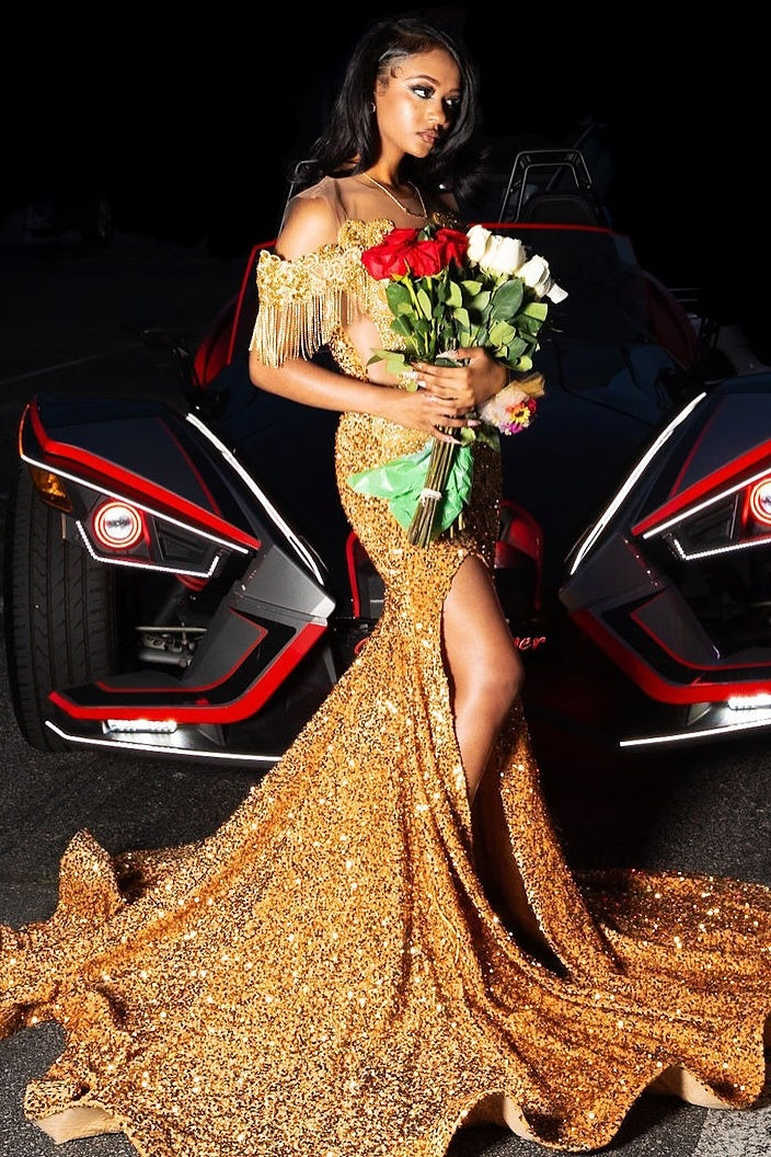 Shiny Gold Sequins Side Slit Prom Dresses with Beadings