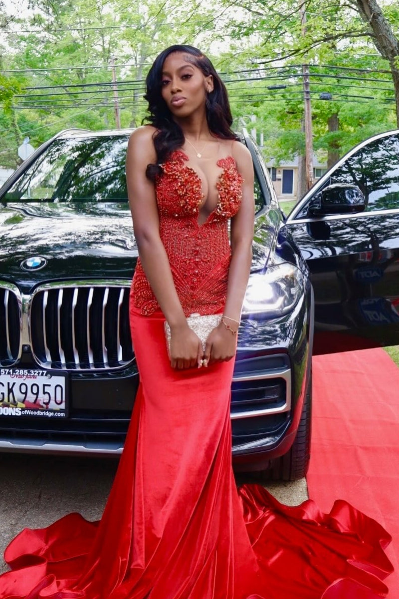 Mild Red Velvet V-Neck Beadings Mermaid Prom Dresses