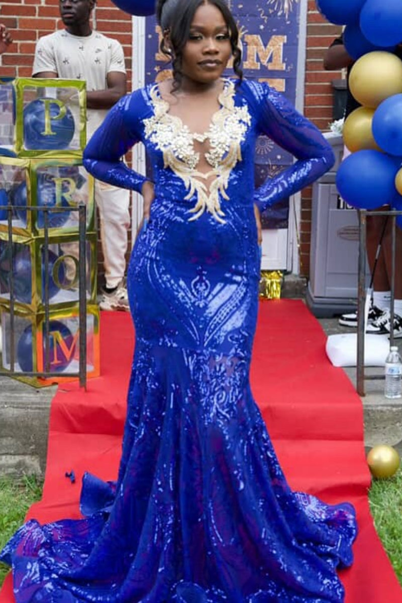 Dignified Royal Blue Sequined Mesh Mermaid Prom Dresses