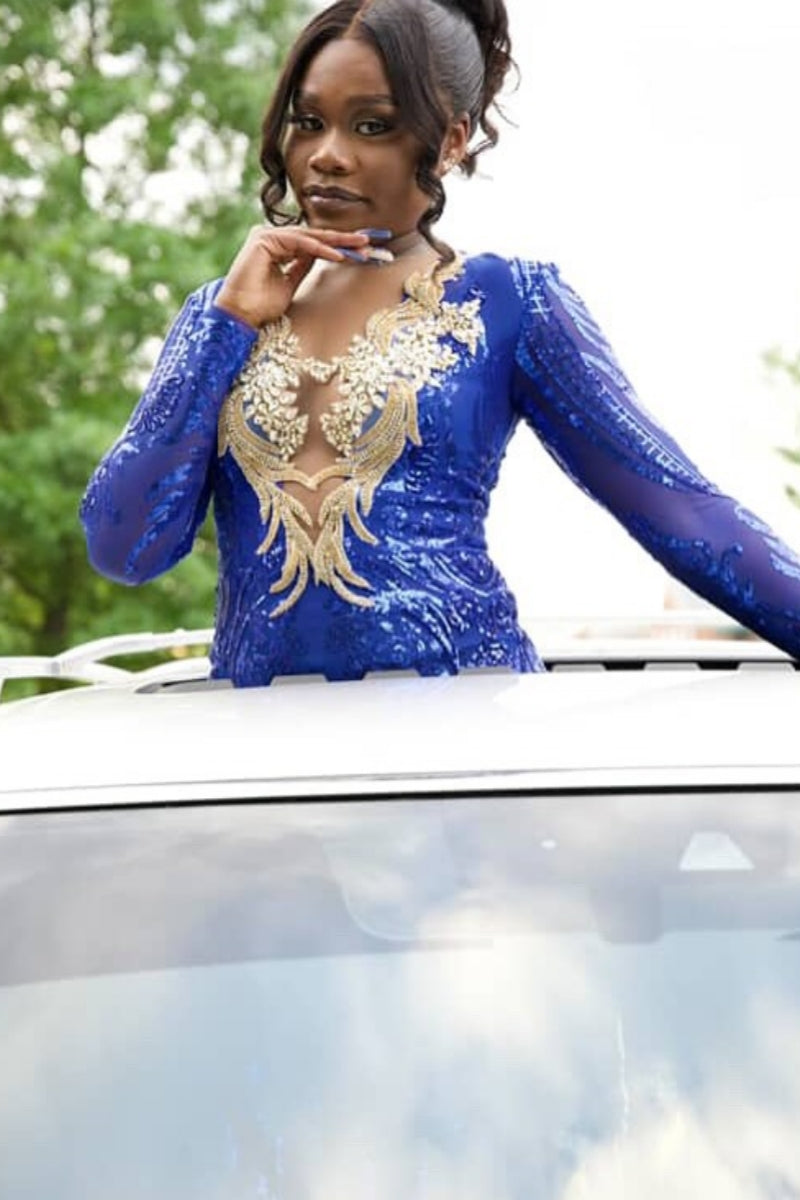 Dignified Royal Blue Sequined Mesh Mermaid Prom Dresses