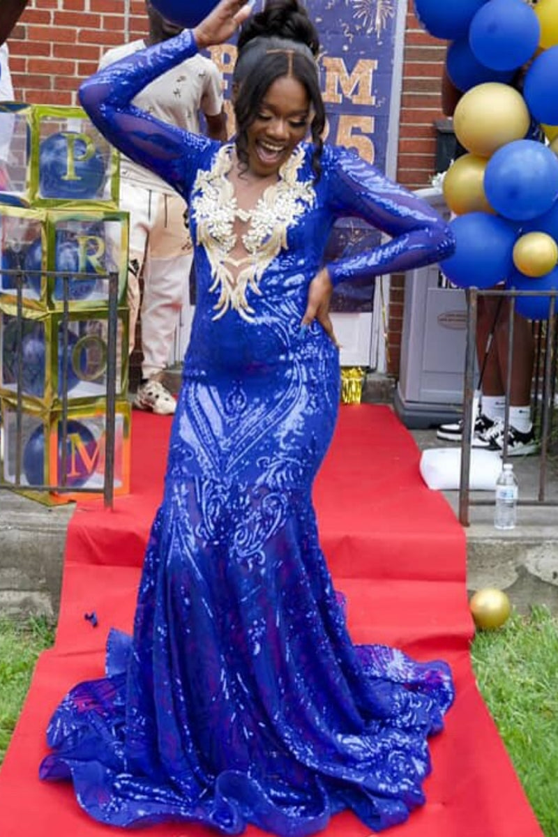 Dignified Royal Blue Sequined Mesh Mermaid Prom Dresses