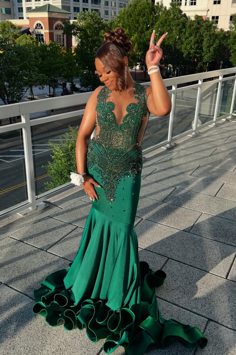 Intellectuality Dark Green V-Neck Beadings Mermaid Prom Dresses