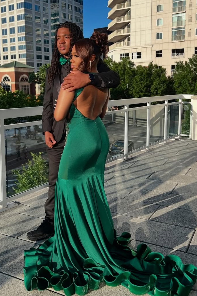 Intellectuality Dark Green V-Neck Beadings Mermaid Prom Dresses