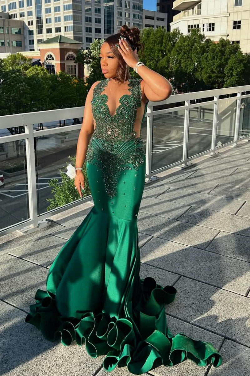 Intellectuality Dark Green V-Neck Beadings Mermaid Prom Dresses