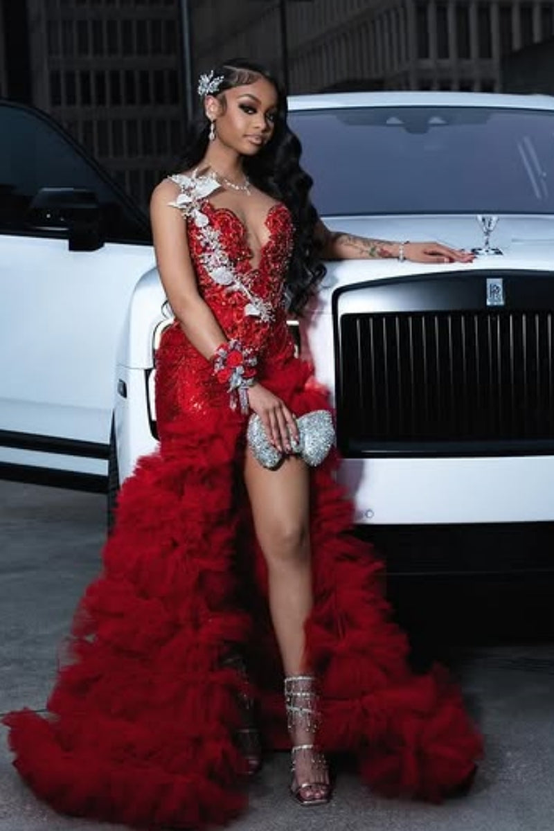 Festival Red Tulle Ruffles Appliques Mermaid Prom Dresses