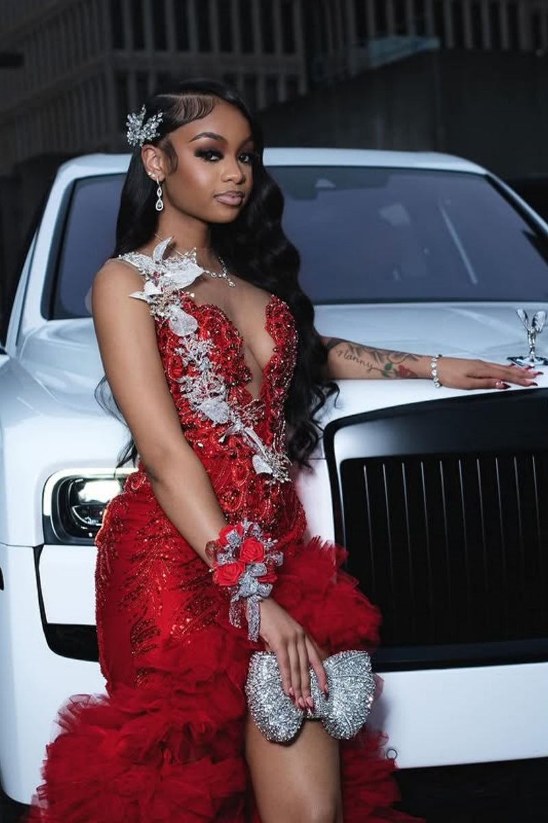 Festival Red Tulle Ruffles Appliques Mermaid Prom Dresses