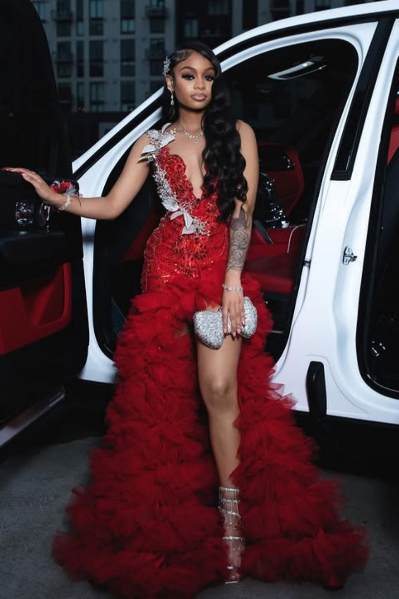 Festival Red Tulle Ruffles Appliques Mermaid Prom Dresses