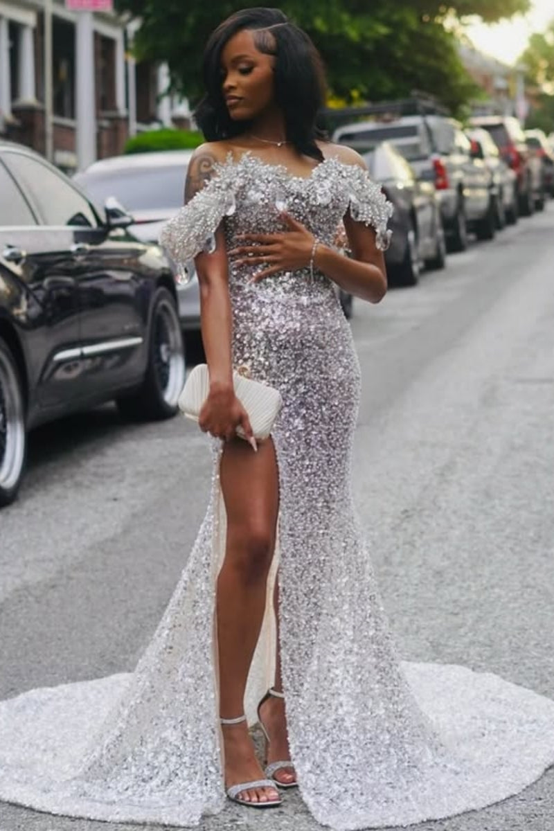 Gorgeous Silver Sweetheart Side Slit Mermaid Prom Dresses