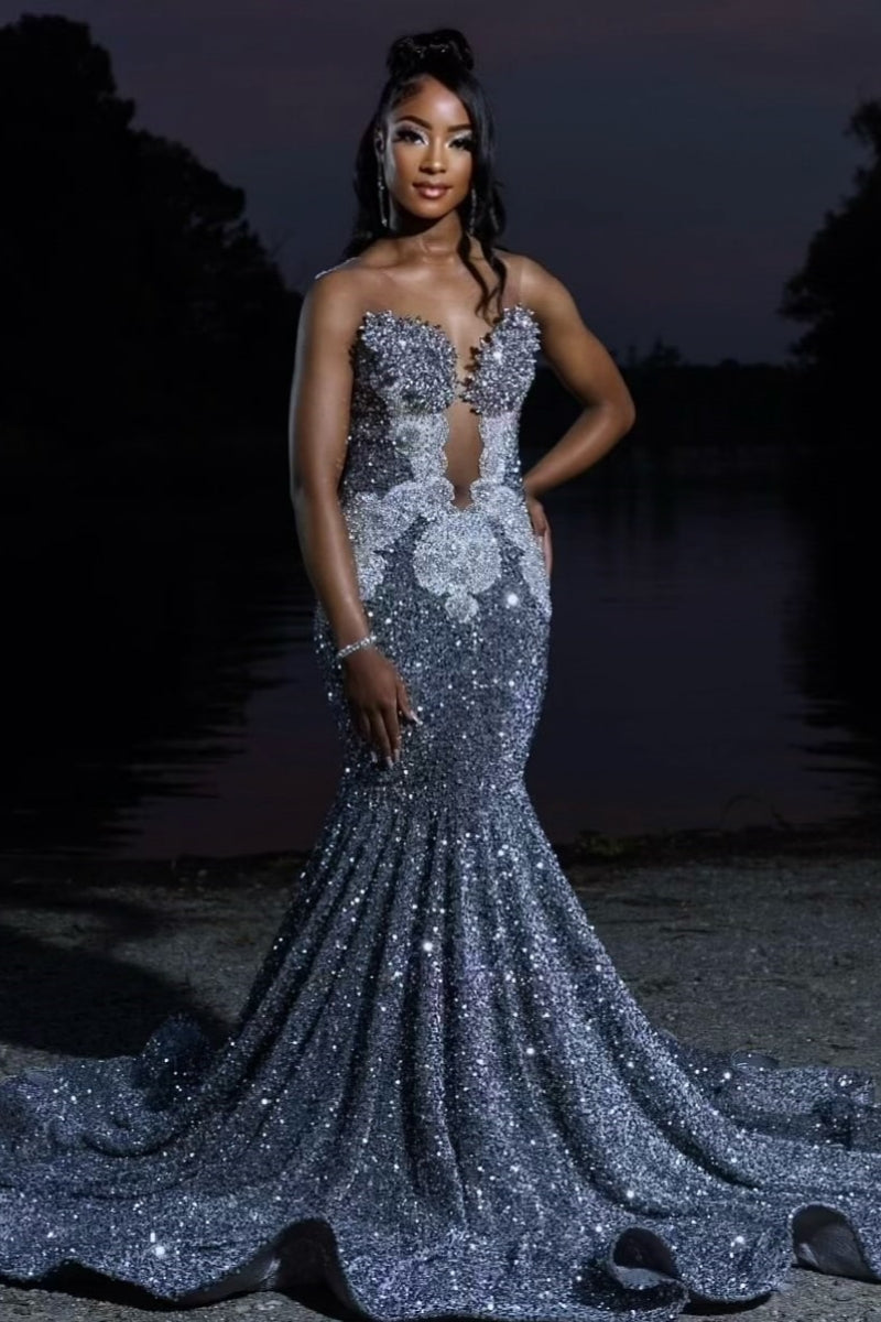 Charming Sparkle Silver V-Neck Mermaid Prom Dresses