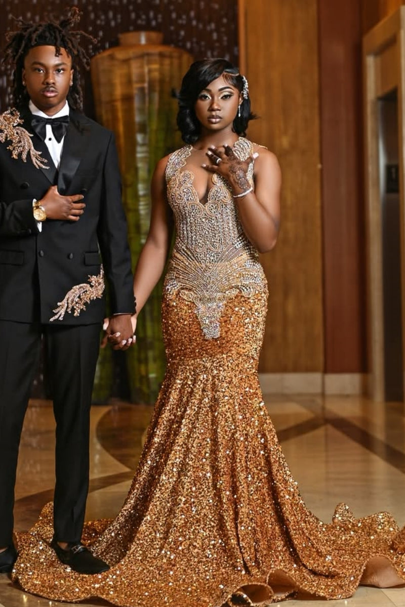 Sparkle Gold Sequins Mermaid Prom Dresses With Beadings