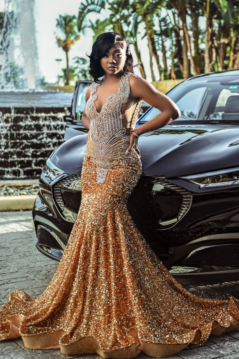 Sparkle Gold Sequins Mermaid Prom Dresses With Beadings