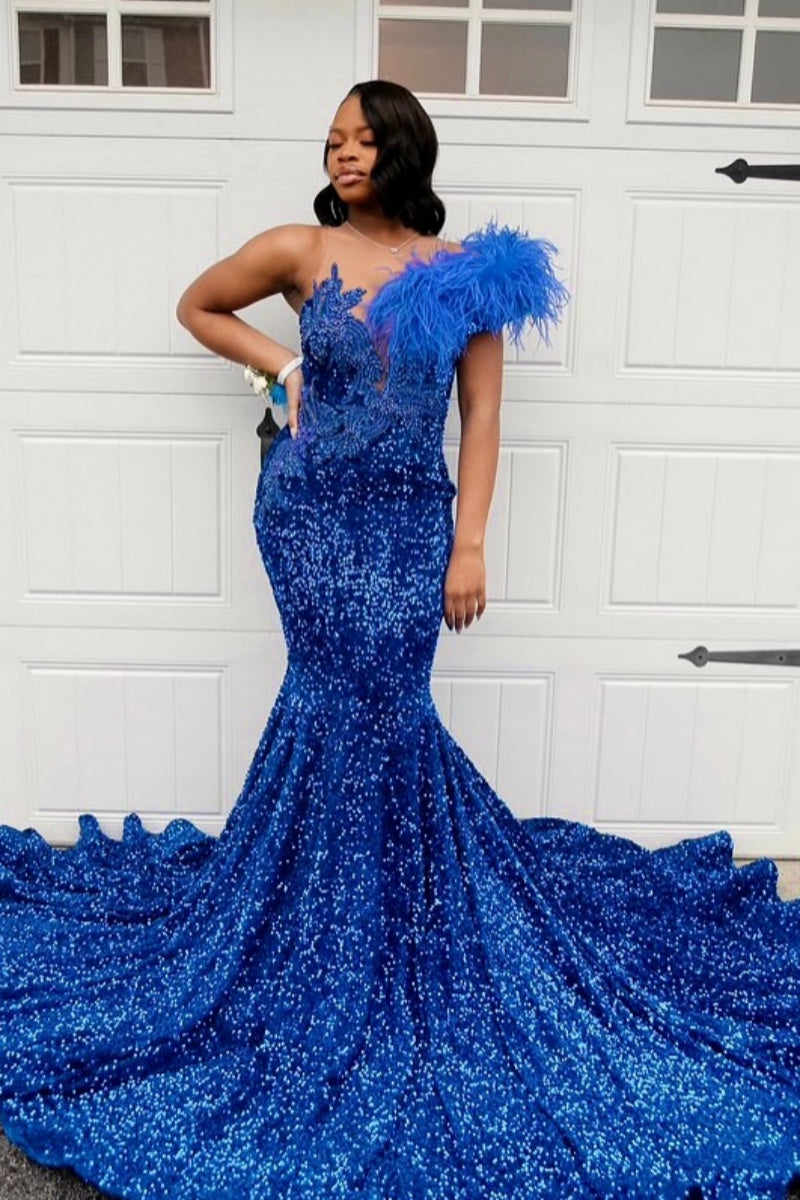 Glamorous Royal Blue One Shoulder Sequins Mermaid Prom Dresses