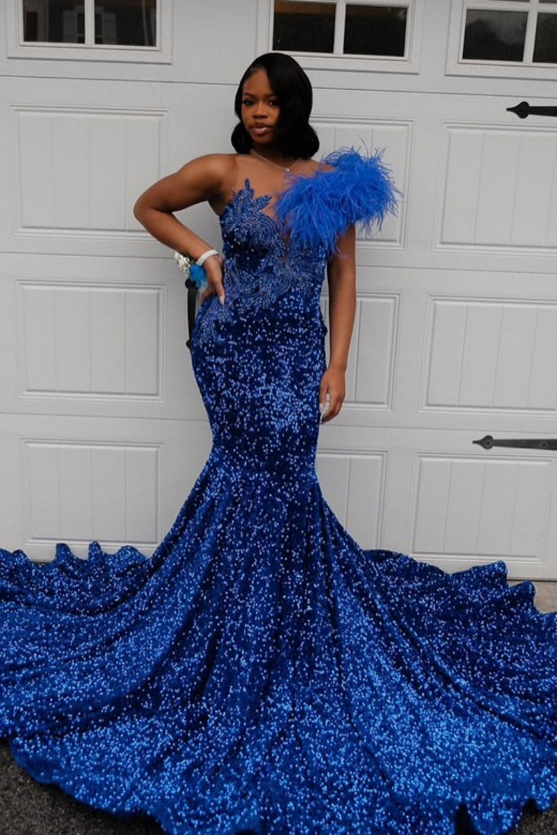 Glamorous Royal Blue One Shoulder Sequins Mermaid Prom Dresses