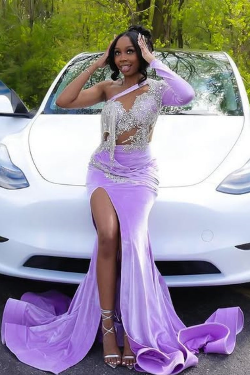 Gentle Purple Velvet Side Slit Beadings Mermaid Prom Dresses