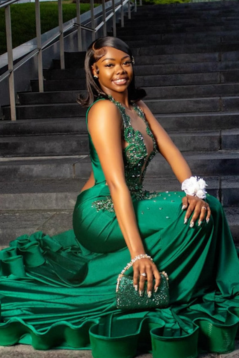 Fashion Green V-Neck Beadings Mermaid Prom Dresses