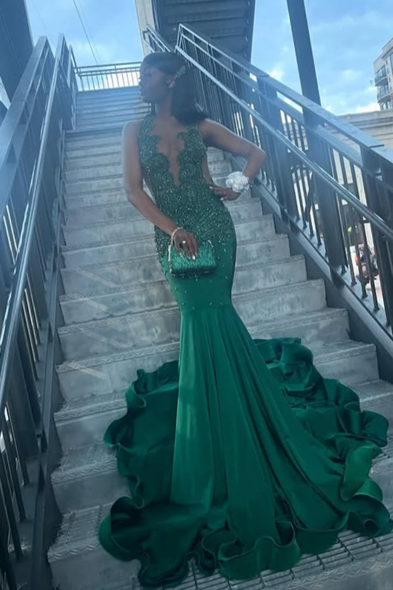 Fashion Green V-Neck Beadings Mermaid Prom Dresses