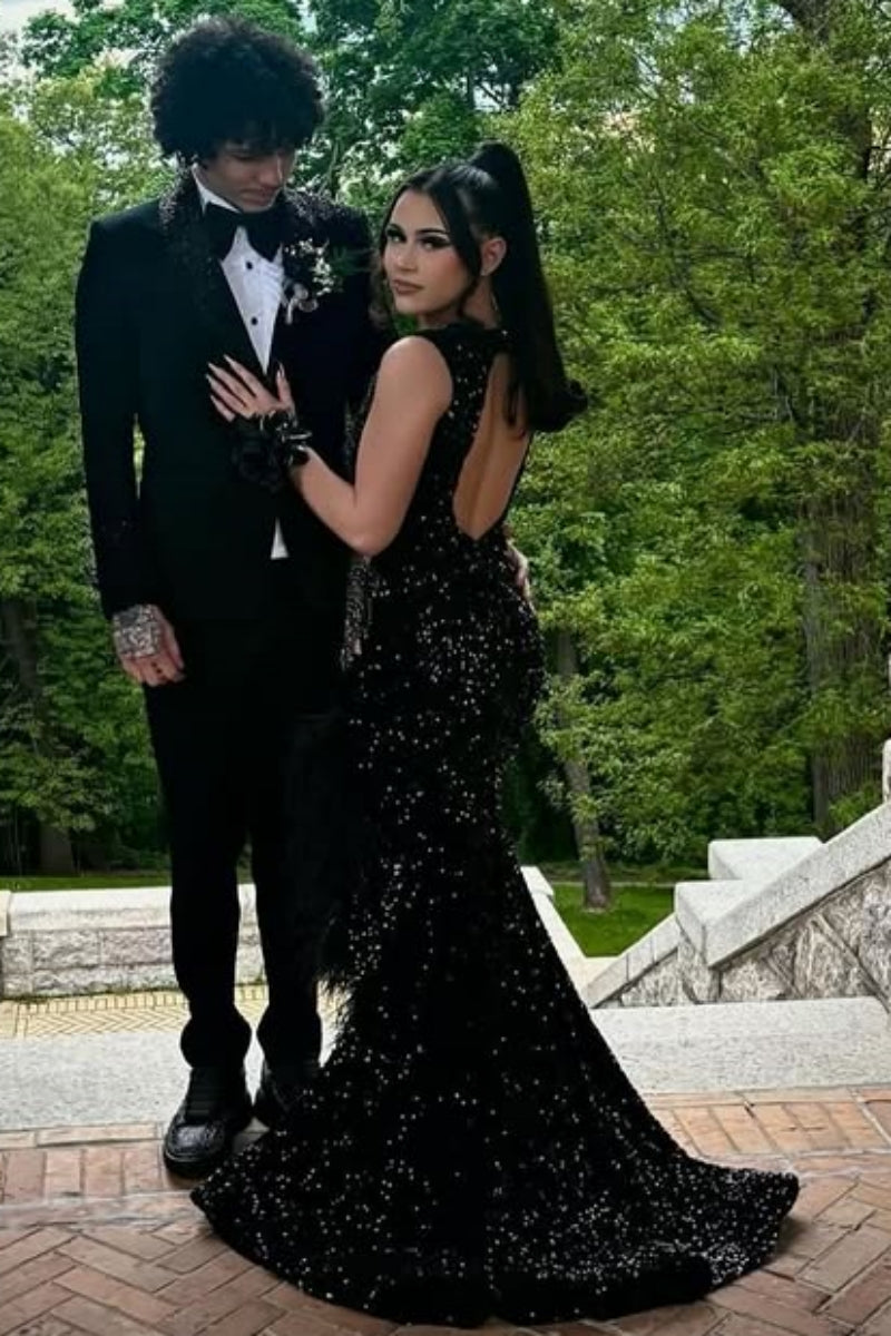 Glamorous Black V-Neck Side Slit Beadings Mermaid Prom Dresses