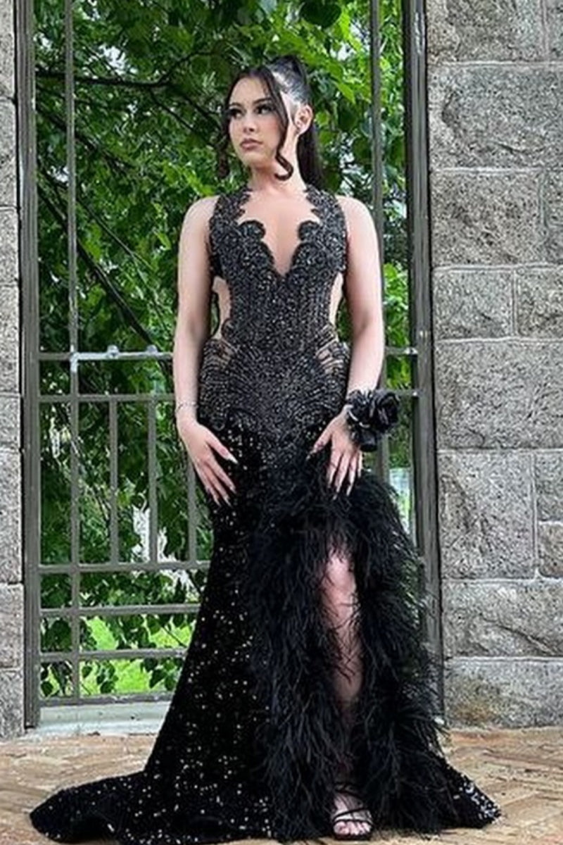 Glamorous Black V-Neck Side Slit Beadings Mermaid Prom Dresses