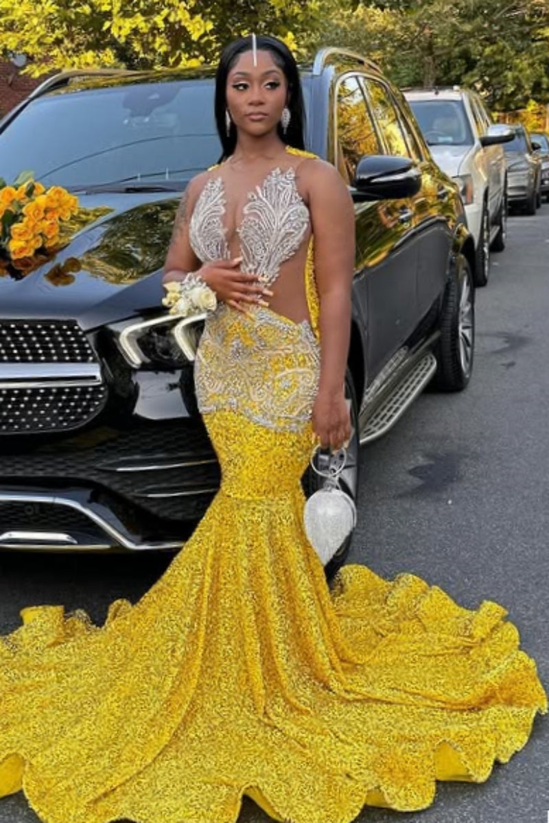 Mild Yellow Sequins V-Neck Beadings Mermaid Prom Dresses