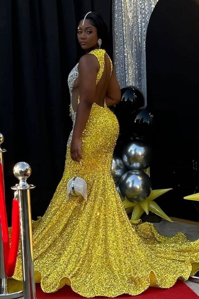 Mild Yellow Sequins V-Neck Beadings Mermaid Prom Dresses