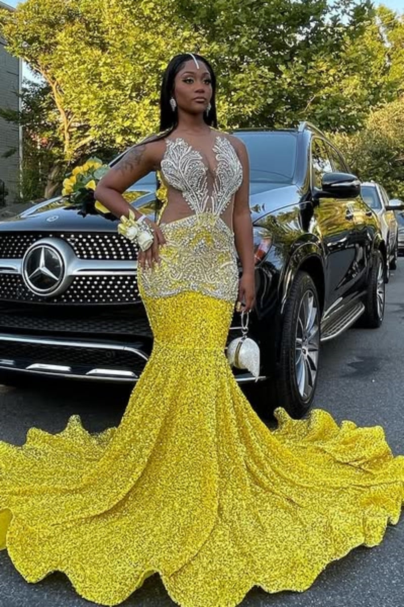 Mild Yellow Sequins V-Neck Beadings Mermaid Prom Dresses