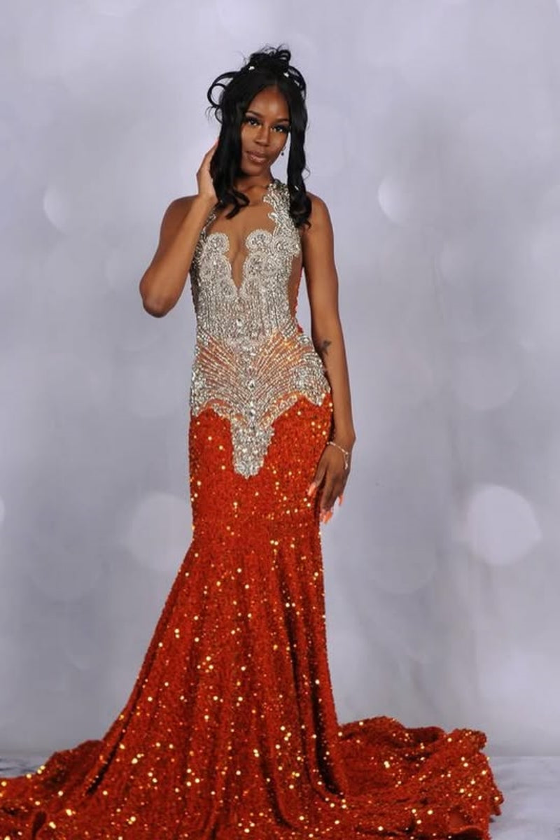 Sparkle Red Sequins V-Neck Beadings Mermaid Prom Dresses