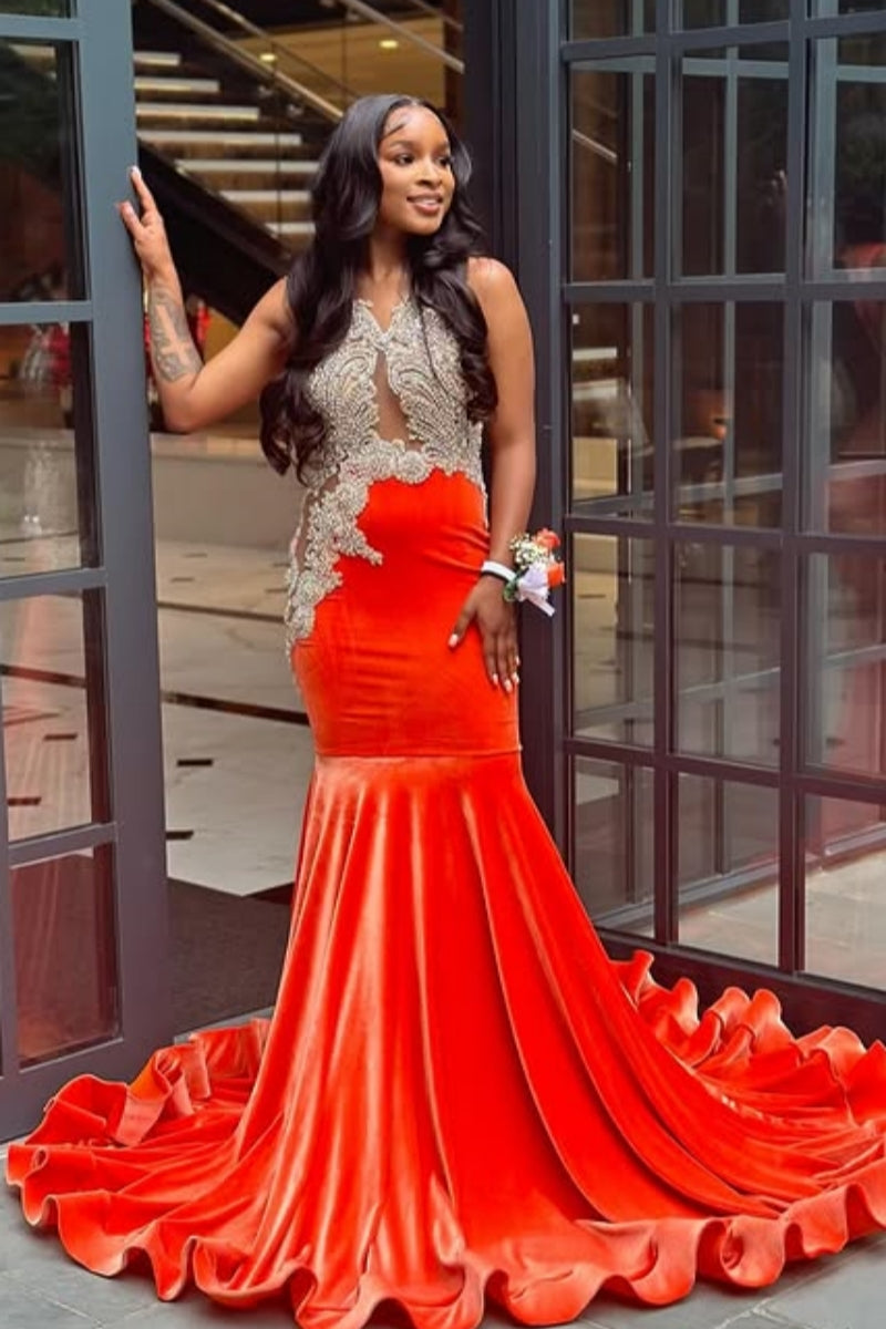 Elegant Velvet Beadings Mermaid Prom Dresses