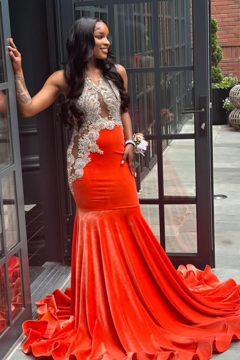 Elegant Velvet Beadings Mermaid Prom Dresses