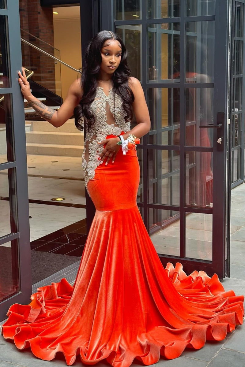 Elegant Velvet Beadings Mermaid Prom Dresses