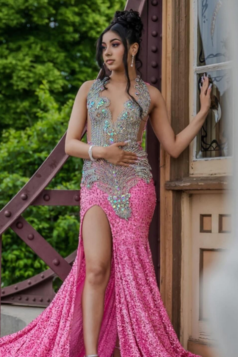 Stylish V-Neck Sequins Side Slit Beadings Mermaid Prom Dresses