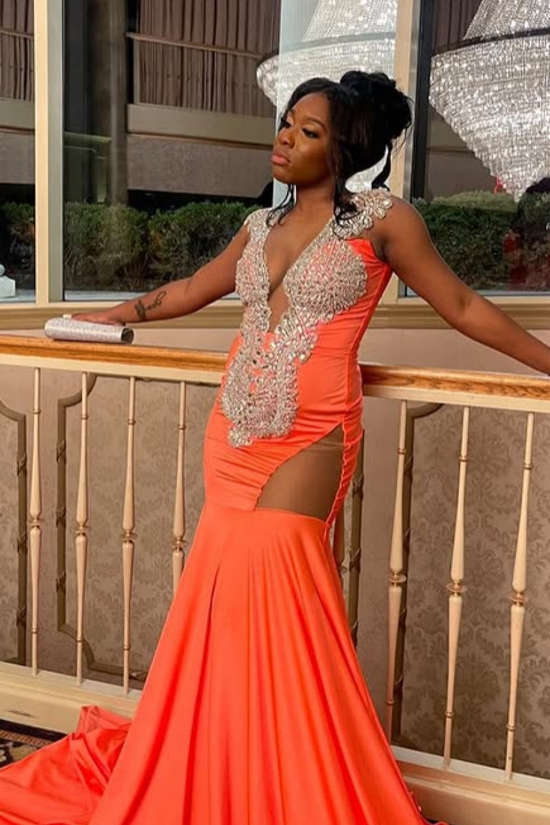 Fashion Orange V-Neck Beadings Mermaid Prom Dresses