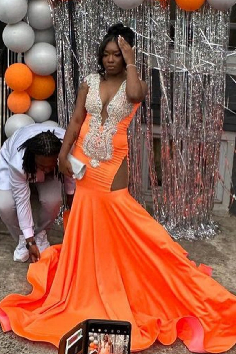 Fashion Orange V-Neck Beadings Mermaid Prom Dresses