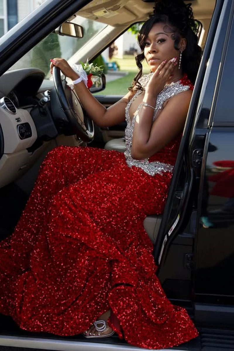 Charming Red Sequins Side Slit Beadings Mermaid Prom Dresses
