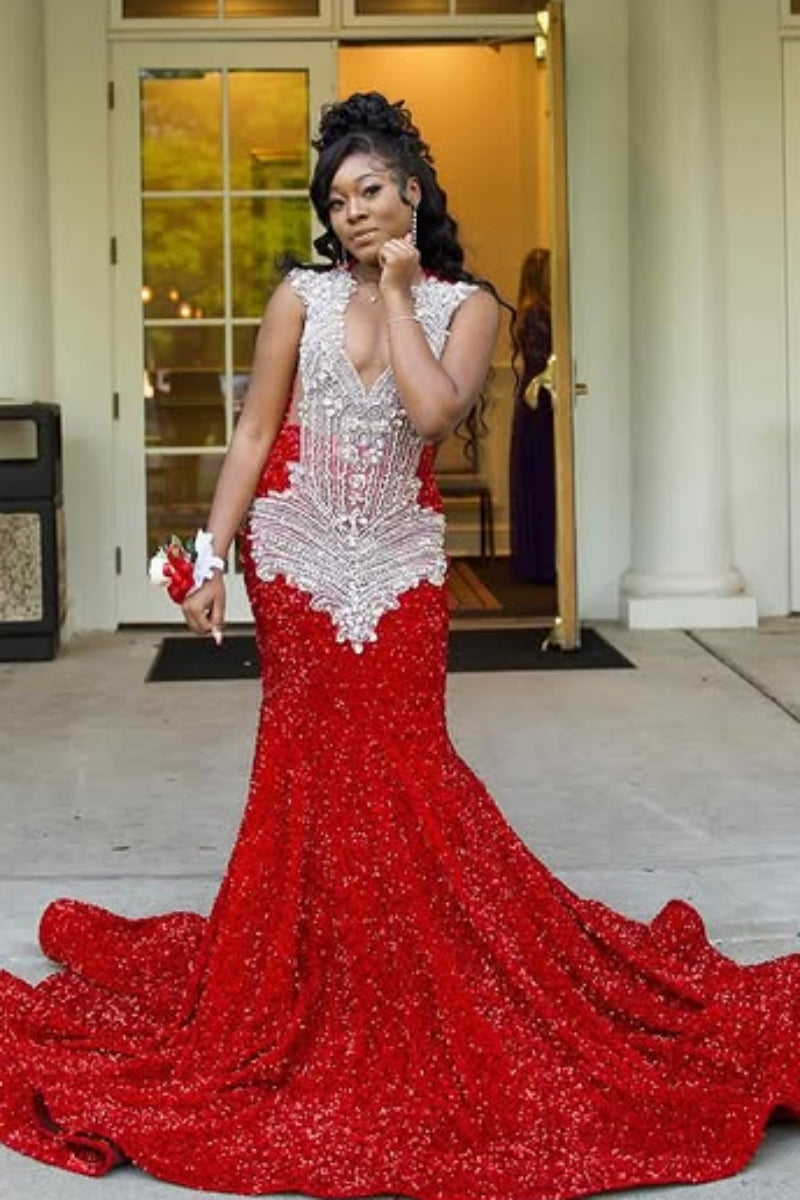 Charming Red Sequins Side Slit Beadings Mermaid Prom Dresses