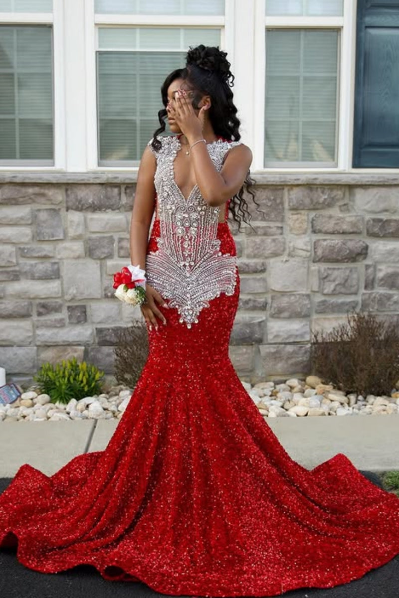 Charming Red Sequins Side Slit Beadings Mermaid Prom Dresses