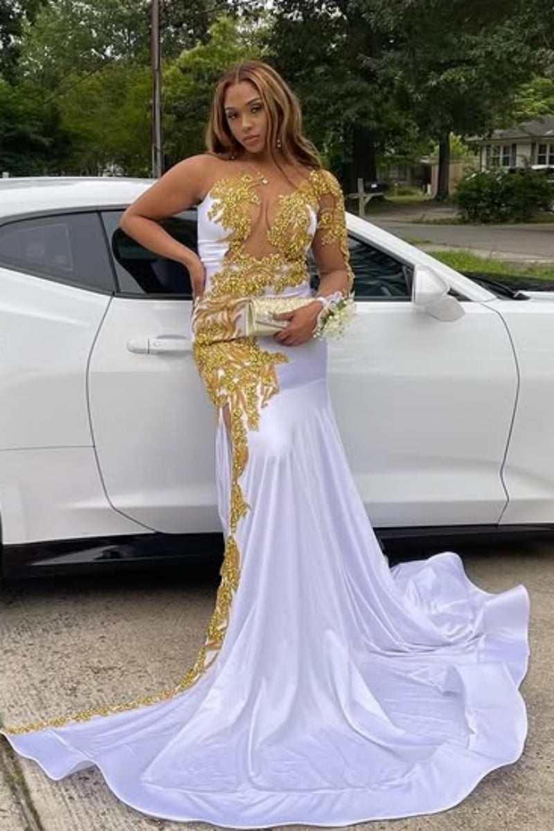 Glamorous White V-Neck One Shoulder Appliques Mermaid Prom Dresses