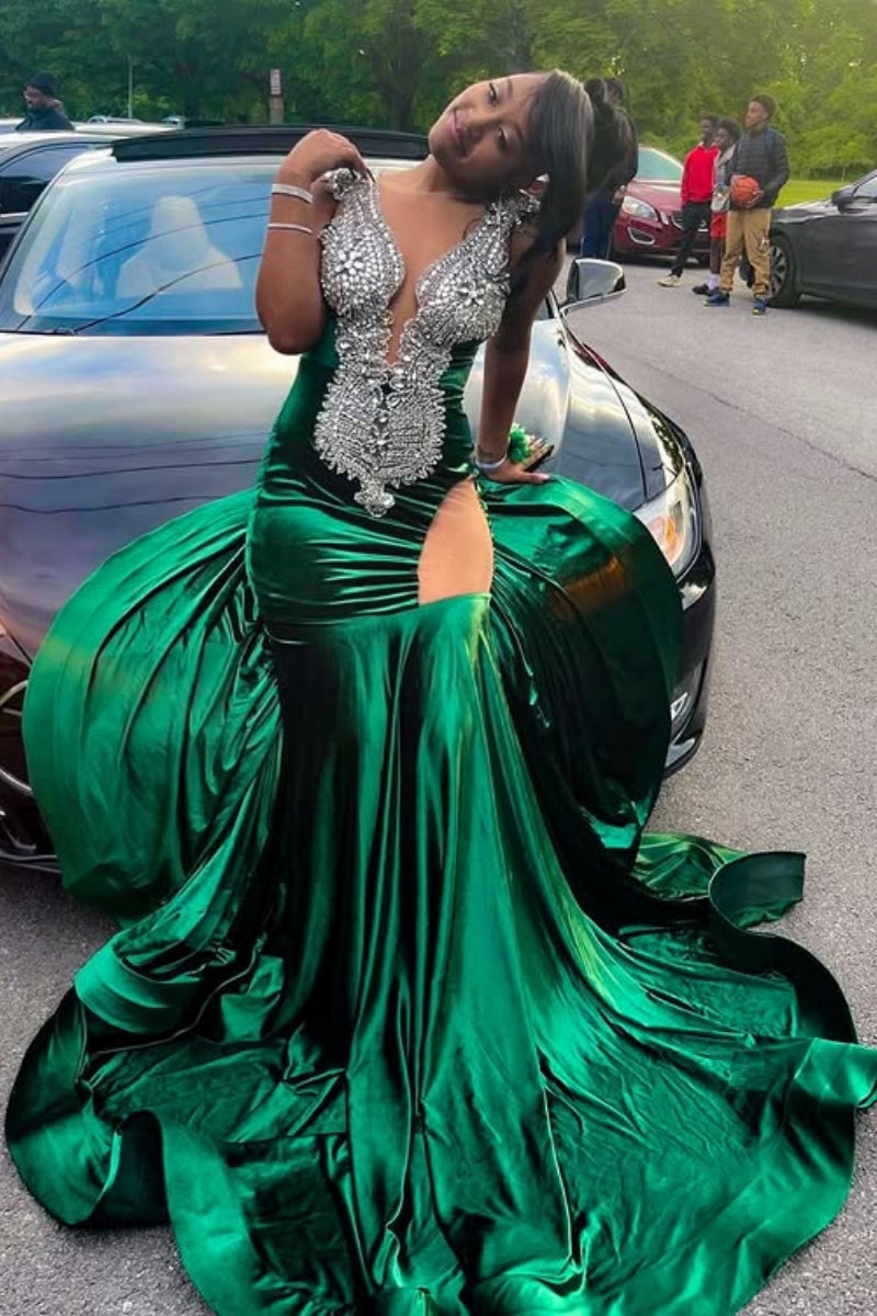 Green V-Neck Mild Beadings Mermaid Prom Dresses
