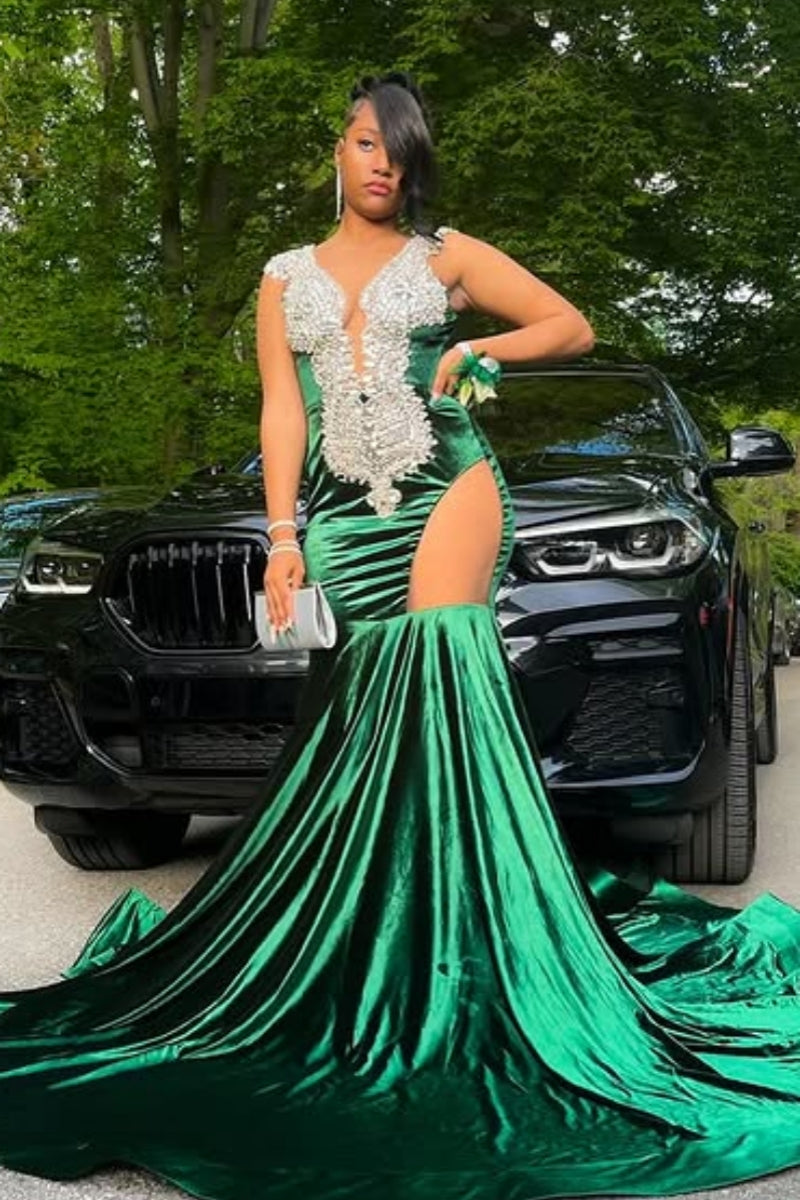 Green V-Neck Mild Beadings Mermaid Prom Dresses