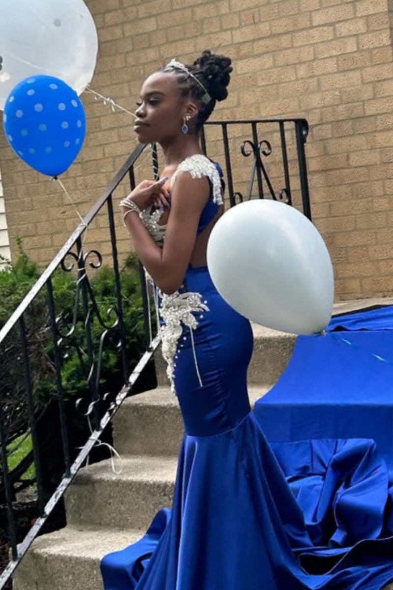 Decent Royal Blue One Shoulder Beadings Mermaid Prom Dresses