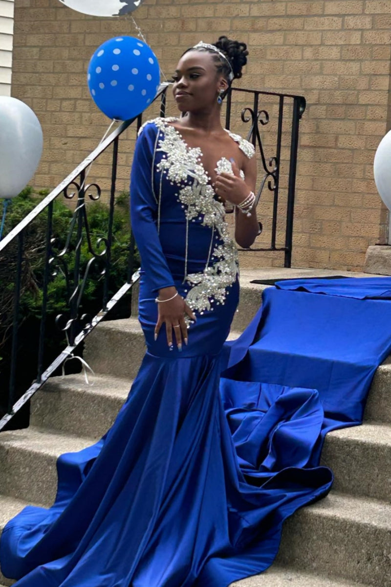 Decent Royal Blue One Shoulder Beadings Mermaid Prom Dresses