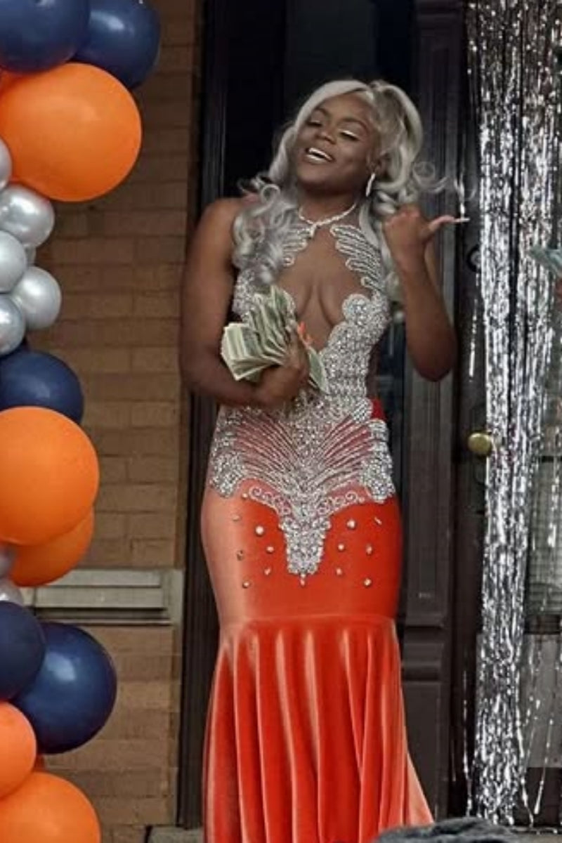 Elegant Orange Velvet V-Neck Beadings Mermaid Prom Dresses
