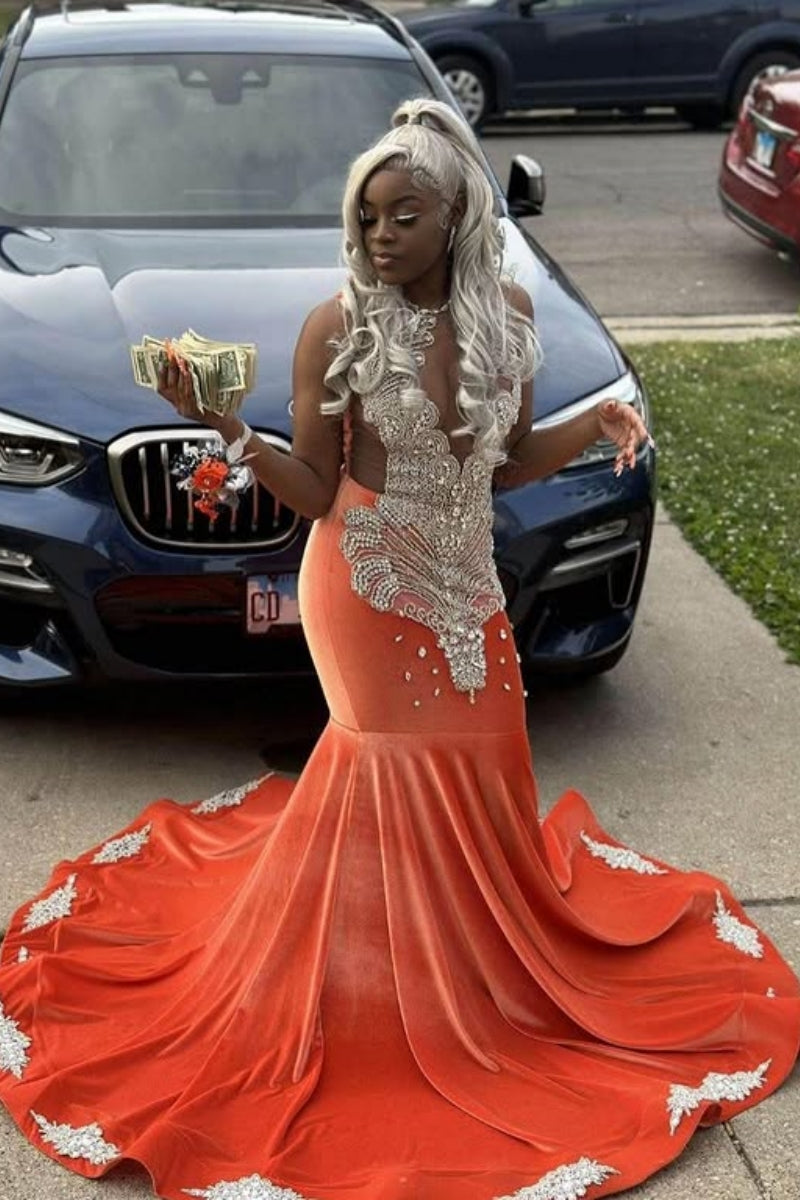 Elegant Orange Velvet V-Neck Beadings Mermaid Prom Dresses