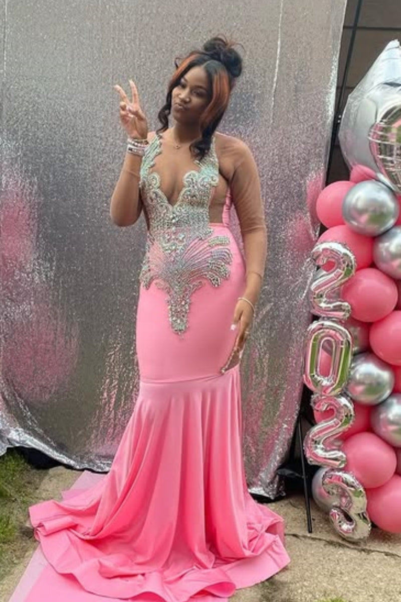 Decent Pink V-Neck Beadings Mermaid Prom Dresses