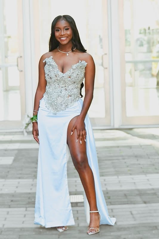 Fancy White Sweetheart Beadings Side Slit Prom Dresses