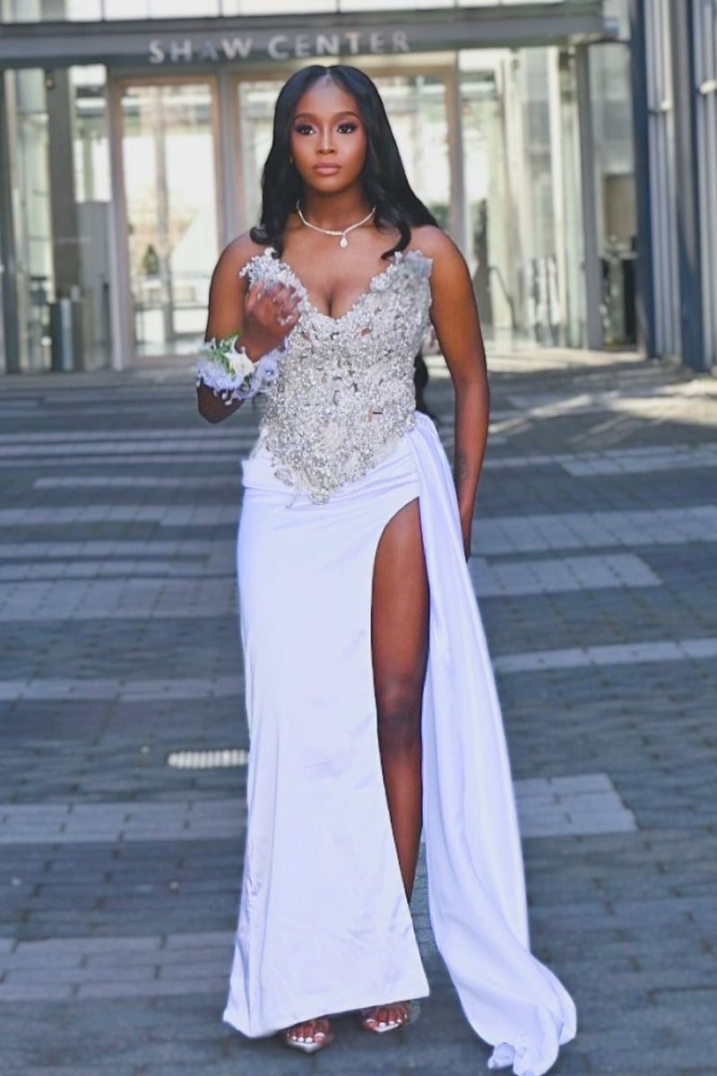Fancy White Sweetheart Beadings Side Slit Prom Dresses