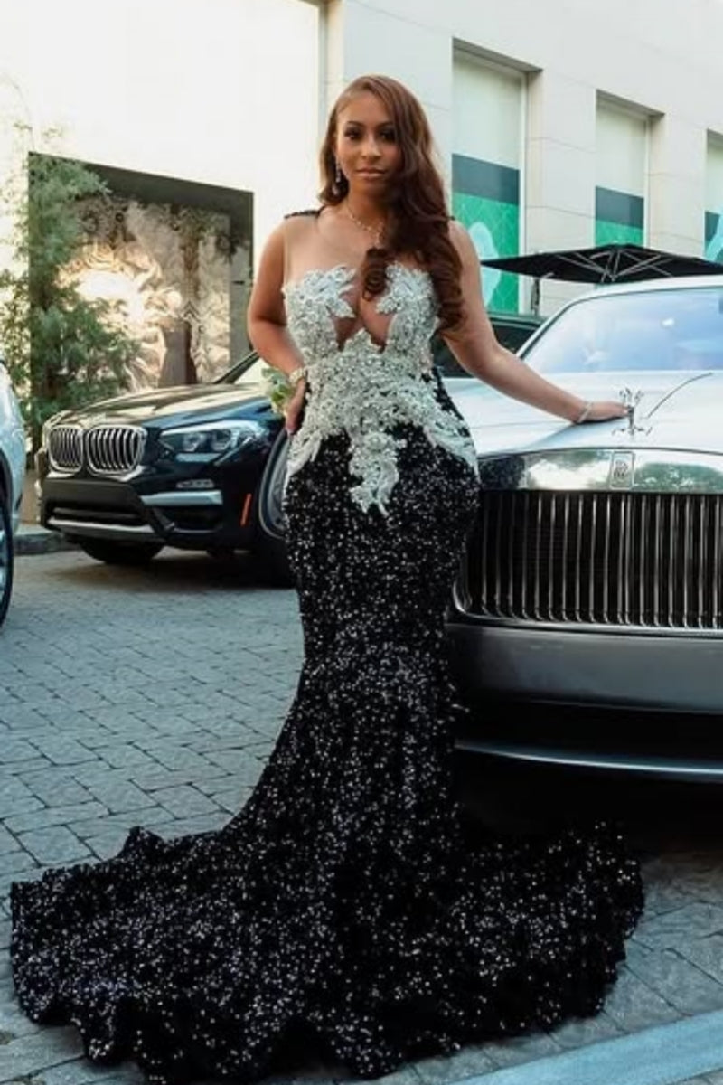 Sexy Black V-Neck Beadings Sequins Mermaid Prom Dresses
