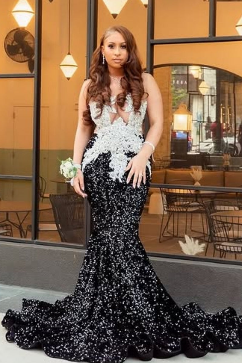 Sexy Black V-Neck Beadings Sequins Mermaid Prom Dresses